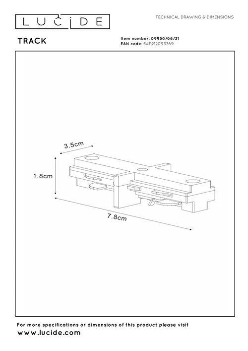Lucide TRACK I-koppelstuk - 1-fase Railsysteem / Railverlichting - Wit (Uitbreiding) - technisch